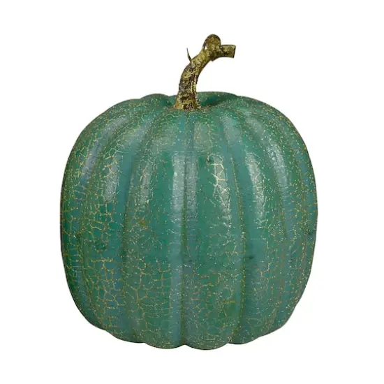 7" Green Glittered Fall Harvest Tabletop Pumpkin Set {4}