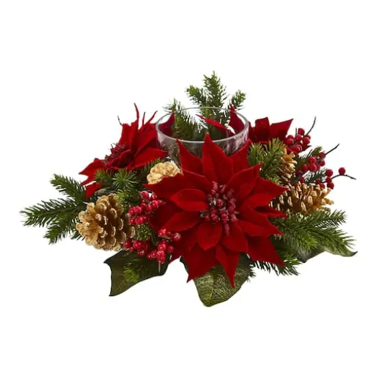 14" Poinsettia, Berry & Golden Pinecone Candelabrum Artificial Arrangement {1}