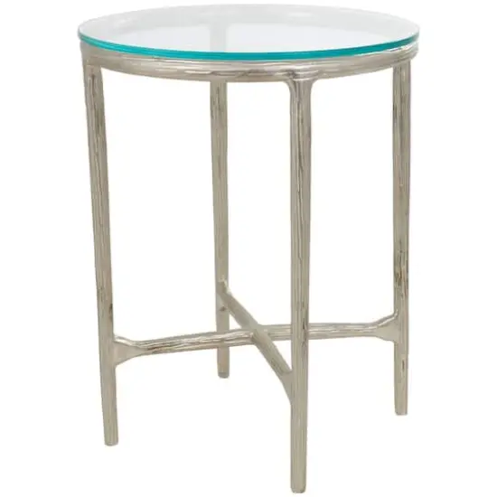23" Aluminum Textured Accent Table with Glass Tabletop Silver {1}