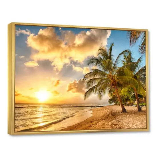 Designart - Gorgeous Beach of Island Barbados - Modern Seascape Framed Canvas Artwork Gold {1}