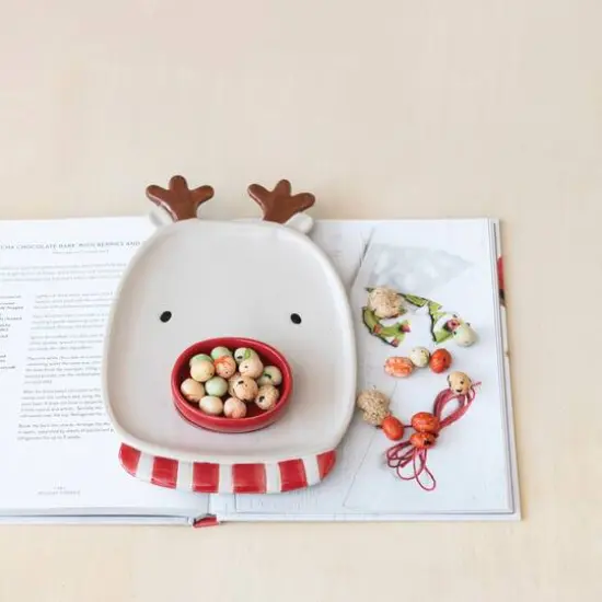 Hello Honey&reg; 9.75" Reindeer Head Stoneware Platter & Red Nose Dish Set {4}