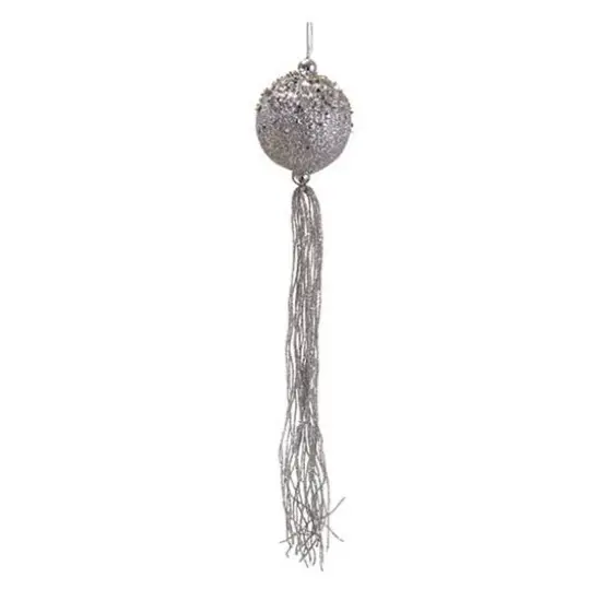 12" Glitter Silver Christmas Ball Ornament with Tassels {1}