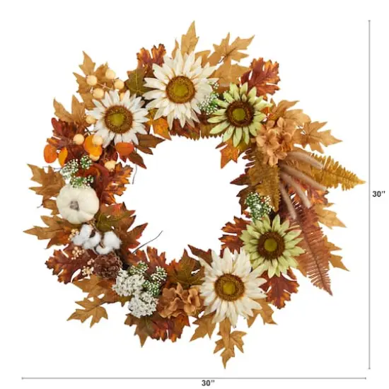 30" Sunflower, White Pumpkin & Berries Fall Wreath {4}