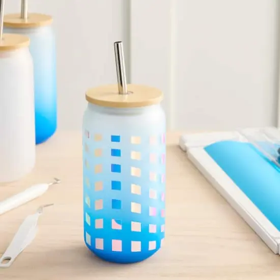 18oz. Frosted Glass Sublimation Tumbler with Bamboo Lid & Straw by Make Market&reg; Blue {3}