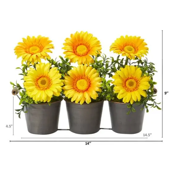 14" Gerbera Daisy Artificial Arrangement in Trio Metal Vase {3}