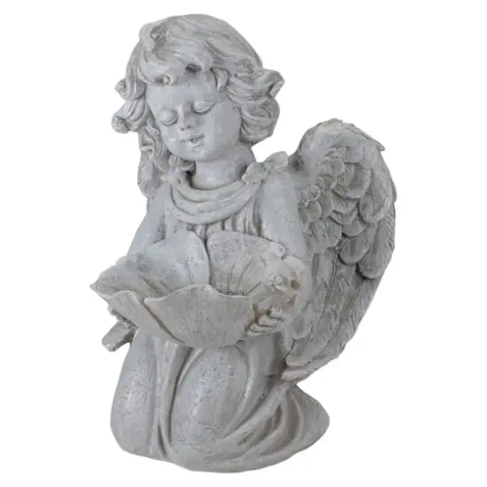 9.5" Heavenly Gardens Gray Distressed Kneeling Cherub Angel Bird Feeder Outdoor Garden Statue {1}