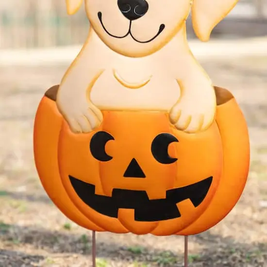 Glitzhome&reg; 32"H Halloween Metal Labrador in Pumpkin Yard Stake {7}