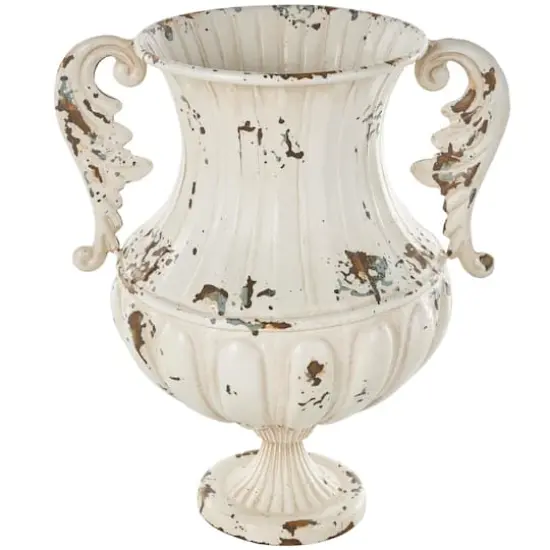 15.25" Cream Metal Vintage Amphora Vase with Brown & Teal Distressing {1}