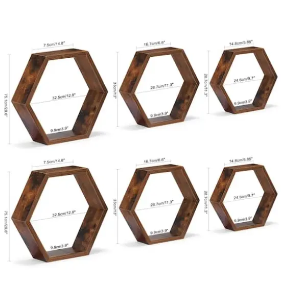 NEX&trade; Hexagon Floating Shelf Set Burnt Brown {6}