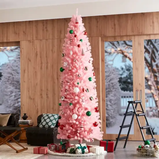 9ft. Unlit Pink Pencil Tinsel Artificial Christmas Tree {5}