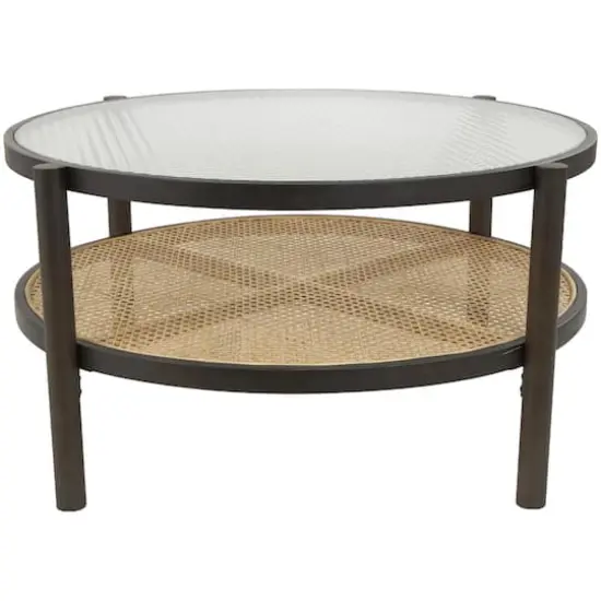 34" Brown Rattan Coffee Table with Pressed Tempered Glass Top {1}