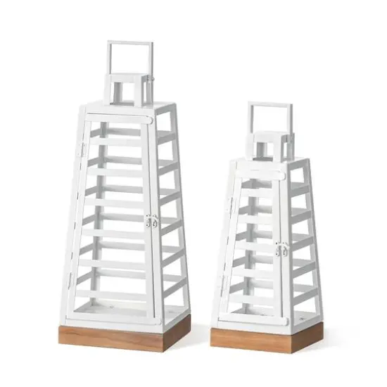 Glitzhome® White Modern Trapezoid Metal & Wood Lanterns Set {1}