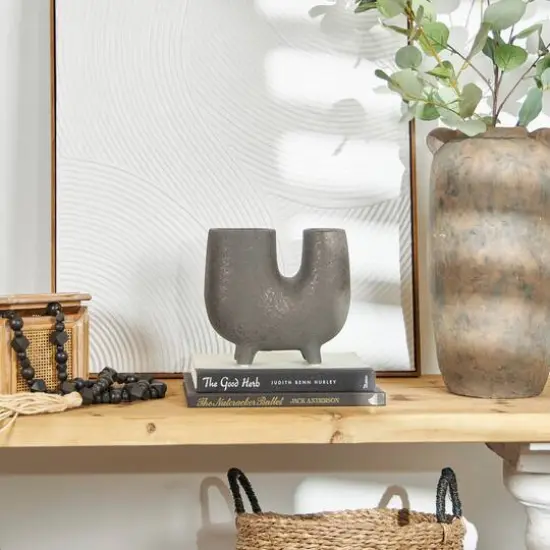 8" Dark Gray Ceramic U-Shaped Abstract Vase with Small Feet {10}