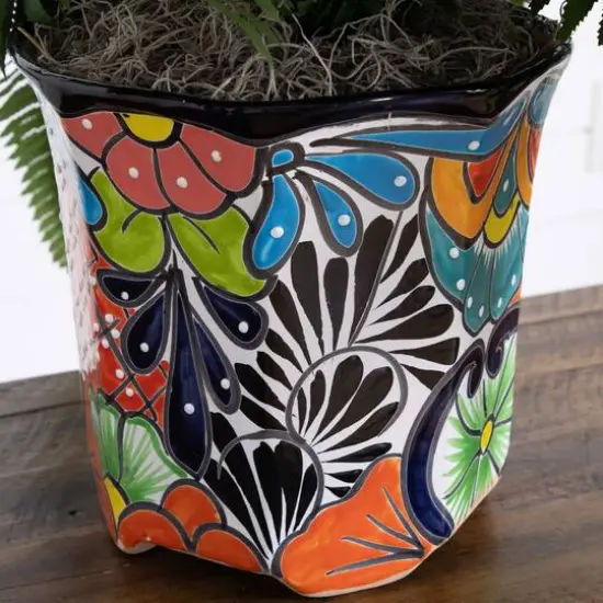 21" Artificial Boston Fern in Handmade Mexican Talavera Ceramic Planter {6}