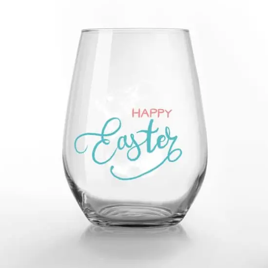 15oz. Happy Easter Sketch Printed Stemless Wine Glass {1}