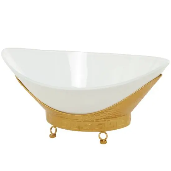 CosmoLiving by Cosmopolitan 23" White Glass Hammered Kitchen Serving Bowl with Gold Metal Stand {6}