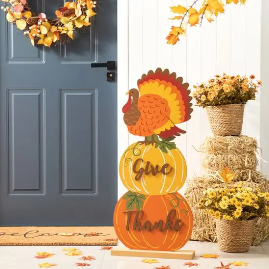 Glitzhome&reg; 36" Thanksgiving Wooden Stacked Pumpkin & Turkey Porch D&eacute;cor {3}