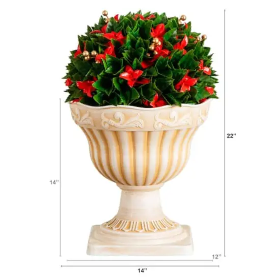 22in. UV Resistant Artificial Red Tip Photinia Christmas Ball in Classic Decorative Planter (Indoor/Outdoor) {3}