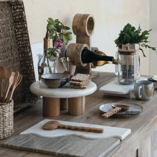 Hello Honey&reg; 15" White Round Elevated Marble & Wood Food Pedestal {6}