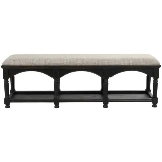 59" Black & Beige Fabric Arched Storage Bench with Traditional Turned Legs {3}