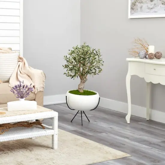 3ft. Olive Artificial Tree in White Planter with Metal Stand {5}