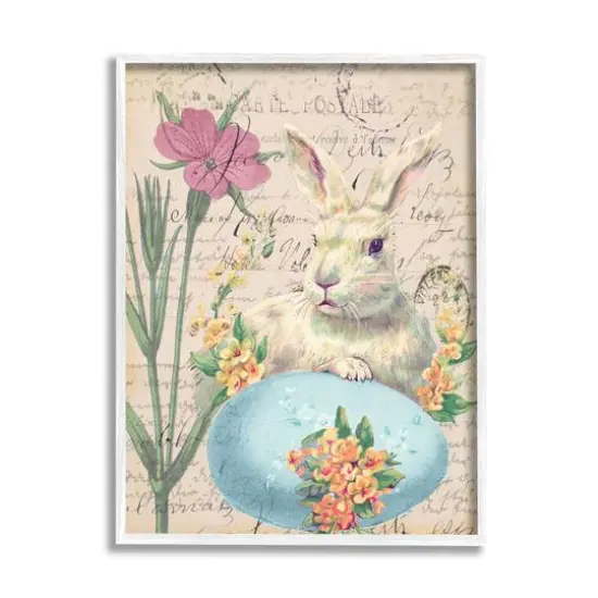 Stupell Industries Easter Bunny Spring Blue Egg Vintage Postal Script Framed Wall Art White {1}