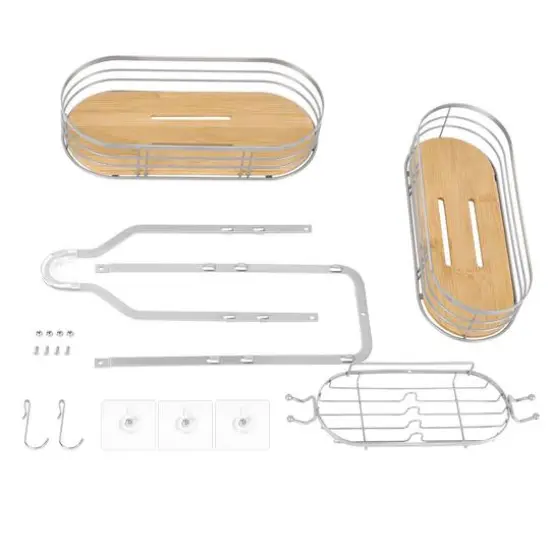 NEX&trade; Silver Stainless Steel & Bamboo Hanging Caddy Shower Organizer with Hooks {6}