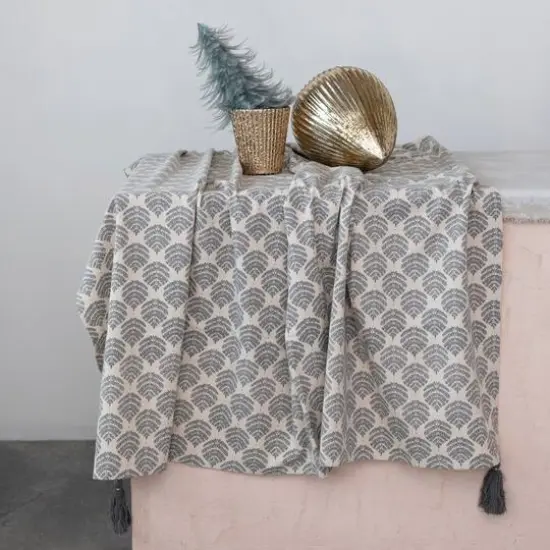 Hello Honey&reg; 84" Gray & Gold Cotton Printed Tablecloth with Leaf Pattern & Tassels {4}