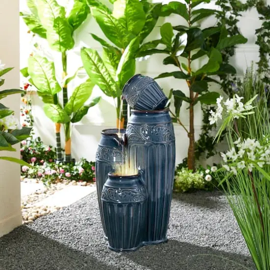 Glitzhome&reg; 35.5" 4-Tier LED Turquoise Embossed Ceramic Pots Outdoor Floor Fountain {3}