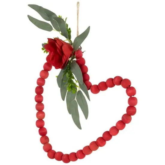 10.25" Red Wooden Beads with Rose Valentine's Day Heart Wall Decoration {6}