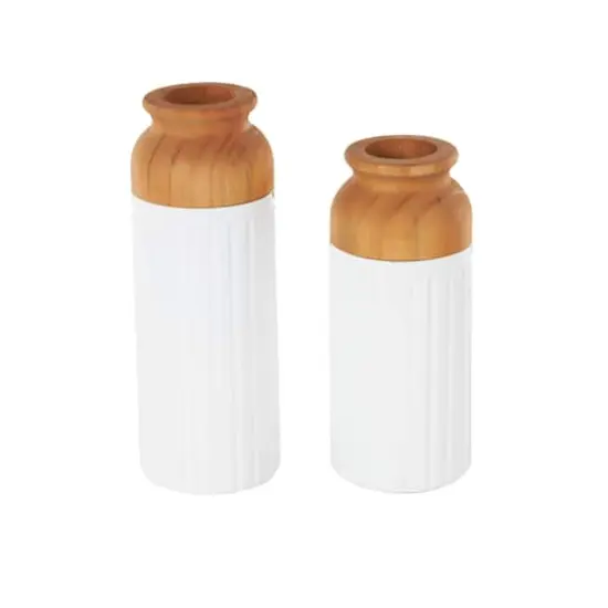 White & Brown Grooved Texture Metal & Wood Vase Set {7}