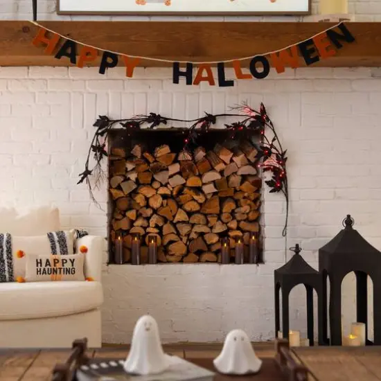 6.5ft. Pre-Lit Artificial Halloween Black Maple Garland with 48 Orange & Purple LED Lights {13}