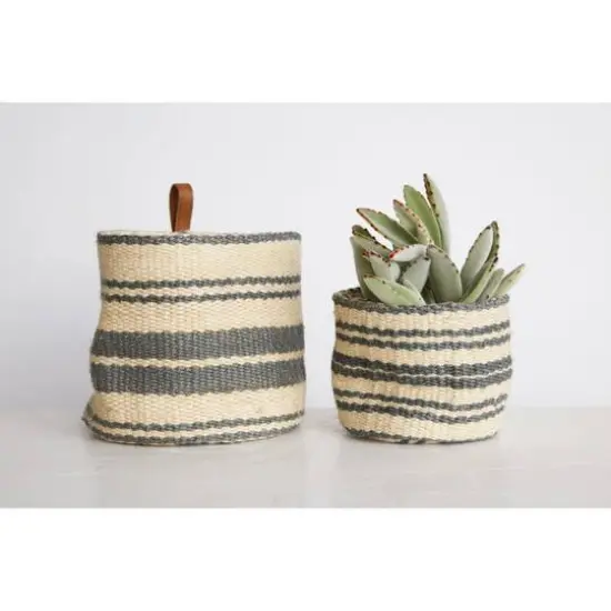 Hello Honey&reg; Cream & Blue Striped Jute Wall Baskets with Leather Loops Set {3}