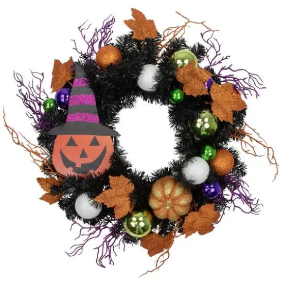 24'' Unlit Jack-O-Lantern in Witches Hat Halloween Pine Wreath {1}