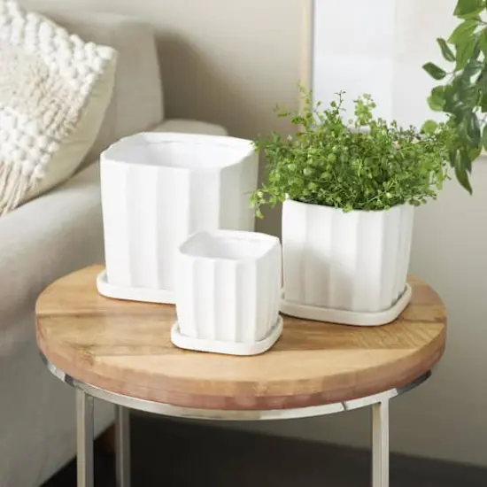 White Square Wide Groove Textured Ceramic Planter Set {3}