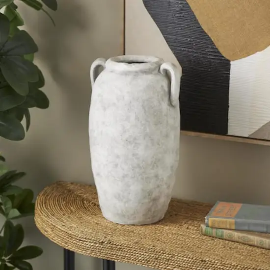 16.5" White Antique-Style Textured Ceramic Vase with and Handles {3}