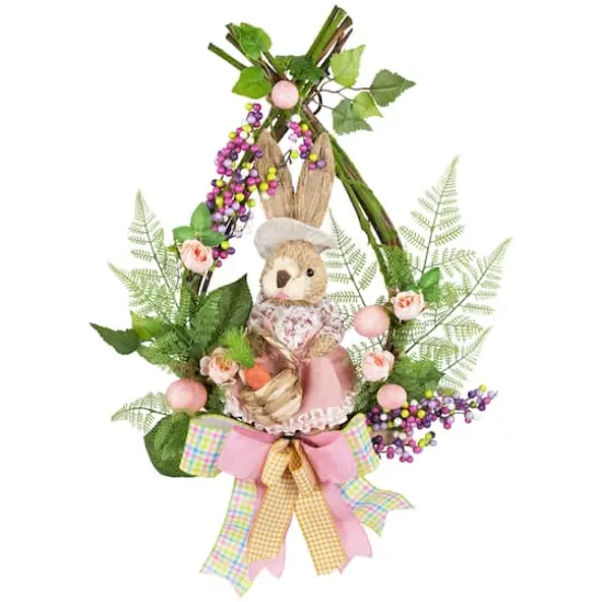 20" Pink Flower Bunny Moss Vines Teardrop Easter Wreath {1}
