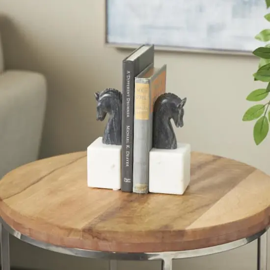 7" Black Marble Horse Distressed Decorative Bookends with White Block Bases, 2ct. {3}