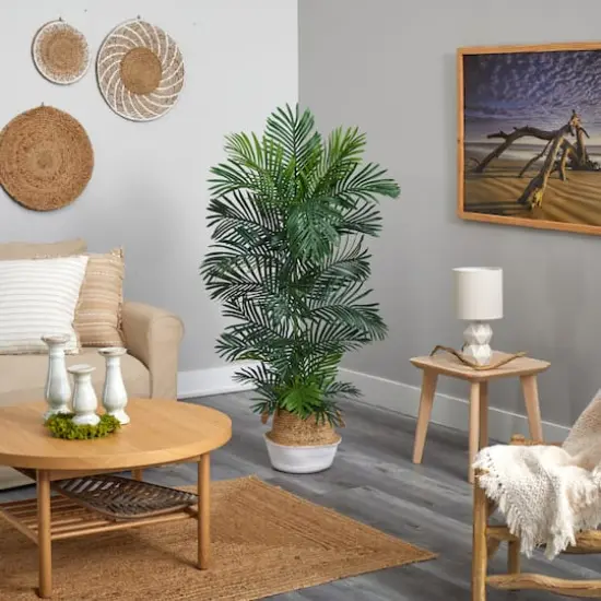 5ft. Areca Artificial Palm Tree in Boho Chic Handmade Cotton & Jute White Woven Planter UV Resistant (Indoor/Outdoor) {5}