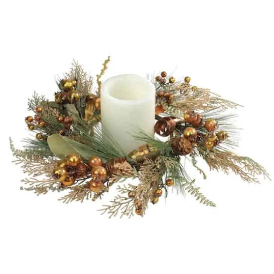 16" Golden Brown Ribbon Berry & Pine Cone Pillar Candle Ring {3}
