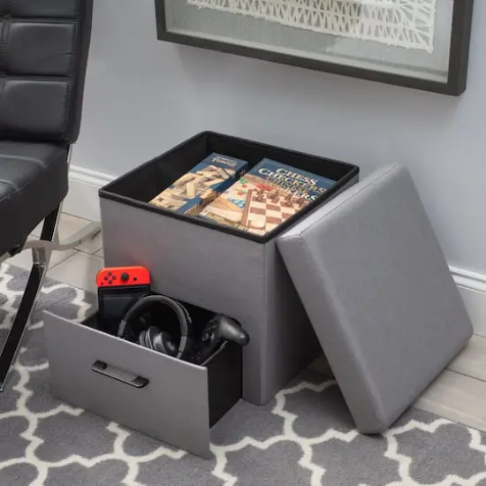 Simplify Gray Collapsible Storage Ottoman with Drawer {6}