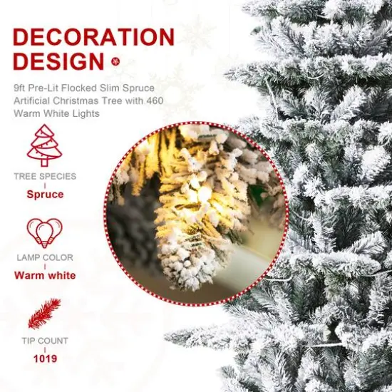 9ft. Pre-Lit Flocked Slim Spruce Artificial Christmas Tree, Warm White LED Lights {7}
