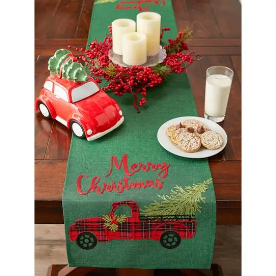 DII&reg; 70" Green Merry Christmas Truck Embroidered Table Runner {6}