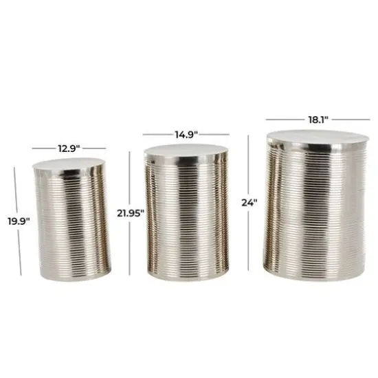 Silver Metal Ribbed Drum Accent Table Set {8}