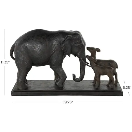 19.75" Black Elephant Walking Sculpture with Dark Brown Deer {8}