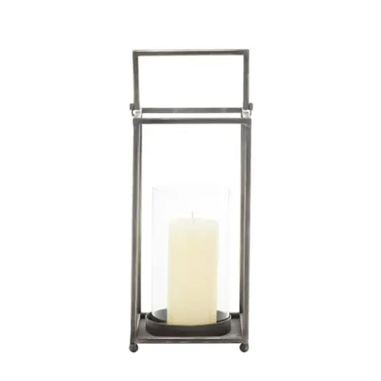 Black Iron Modern Candle Holder Lantern, 16" x 6" x 6" {1}