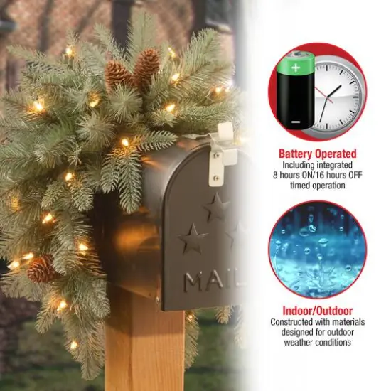 3ft. Feel Real&reg; Frosted Arctic Spruce with Pinecone Mailbox Swag, Warm White LED Lights {7}