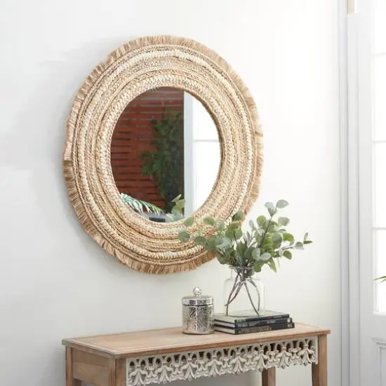 Beige Boho Style Wood Wall Mirror {7}