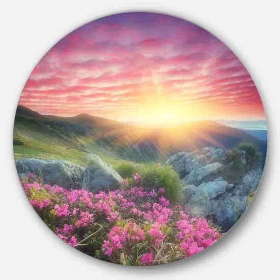 Designart - Morning with Flowers in Mountains' Landscape Photography Circle Metal Wall Art {1}