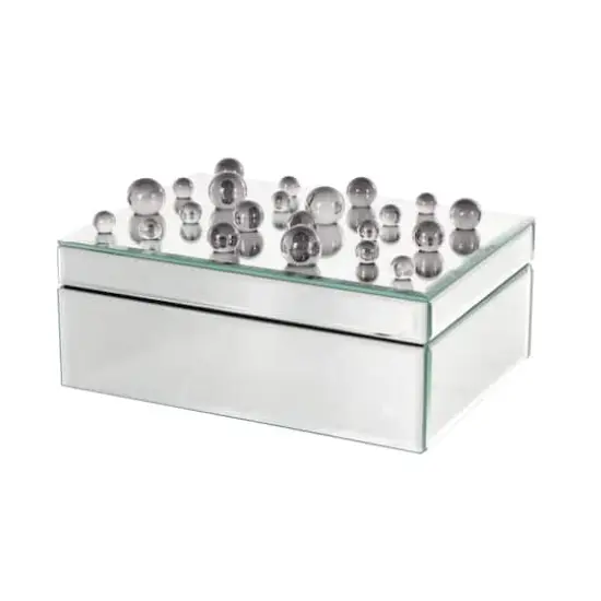 9.75" x 7" x 4.75" Silver Glass Mirrored Decorative Jewelry Box with Black Bubble Textured Balls {1}